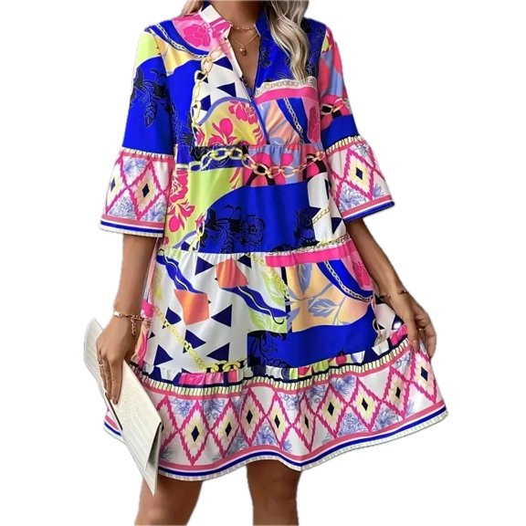 Women's Printed Notched Three Quarter Sleeve Tiered Dress Polyester 100% Fabric Easy Care Everyday Wear Casual