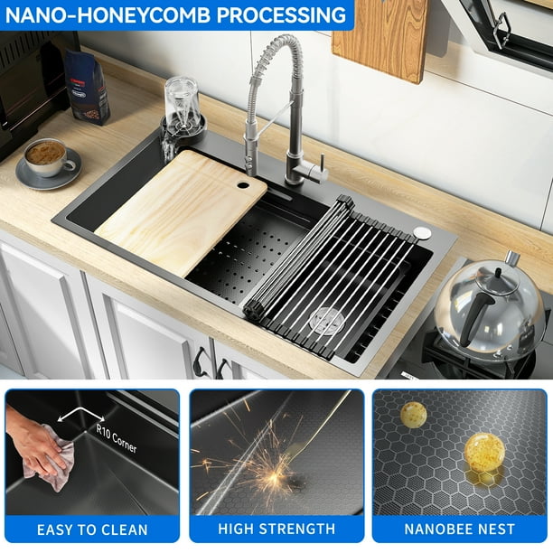 Vivrhintty 32" X 18" Drop-in/Topmount Double Bowl Kitchen Sink, Nano