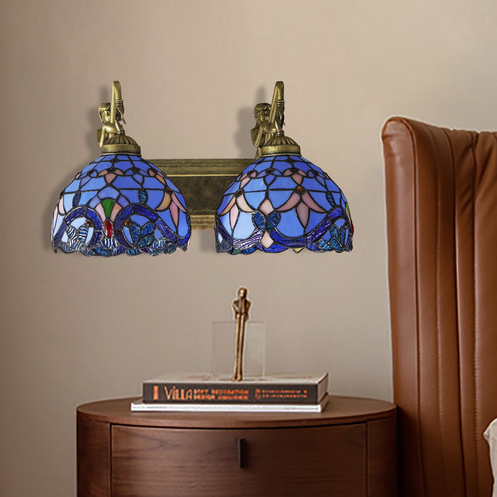 Indoor Tiffany Bathroom Vanity 2-Light Retro Stained Glass Wall Lighting Fixture for Front Doors,Bedrooms