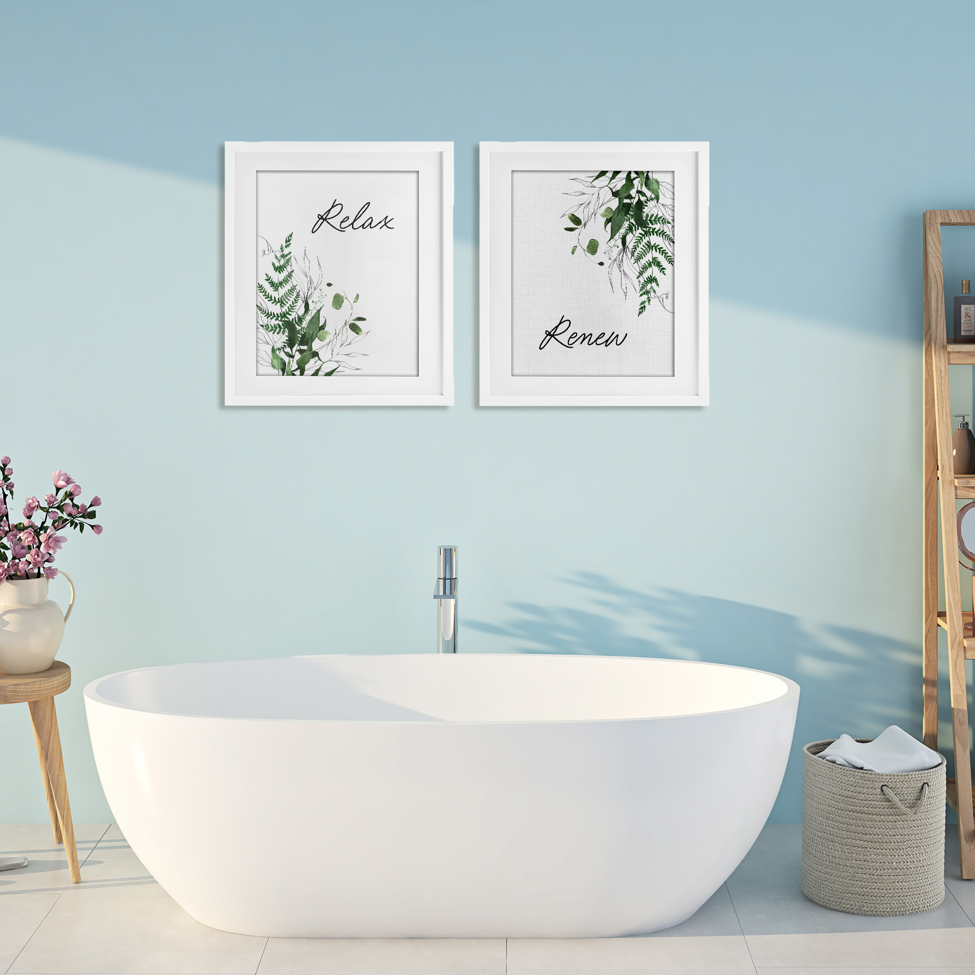 Relax Renew Botanical Leaves 2 Piece White Framed Print Under Glass Set, design by Lettered and Lined