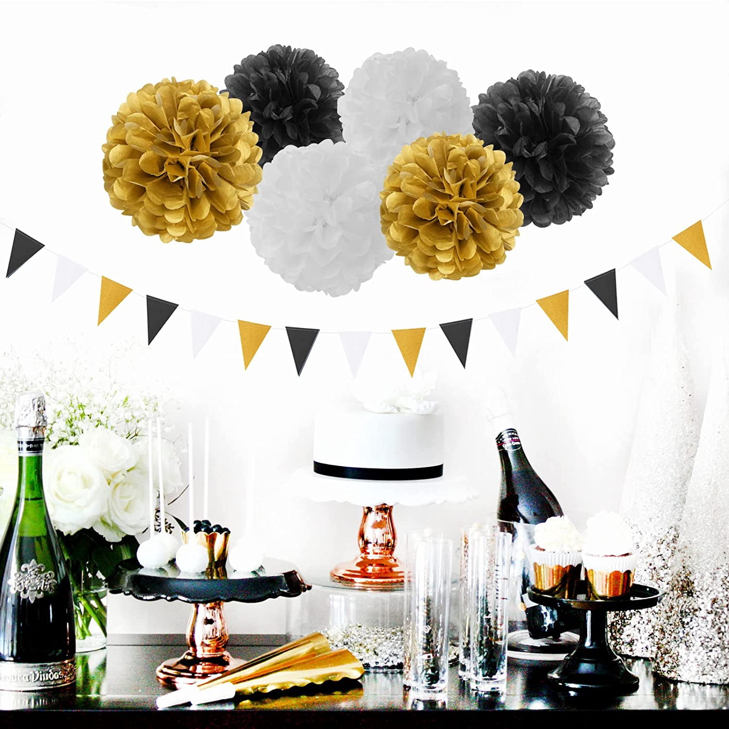 Black Gold Graduation Party Decorations - 23pcs Kits Farewell Tissue Pom Poms Flowers,Streamers Banner,Tassel Garland 50th Men Birthday Bachelorette Baby Shower Decoration Bunting