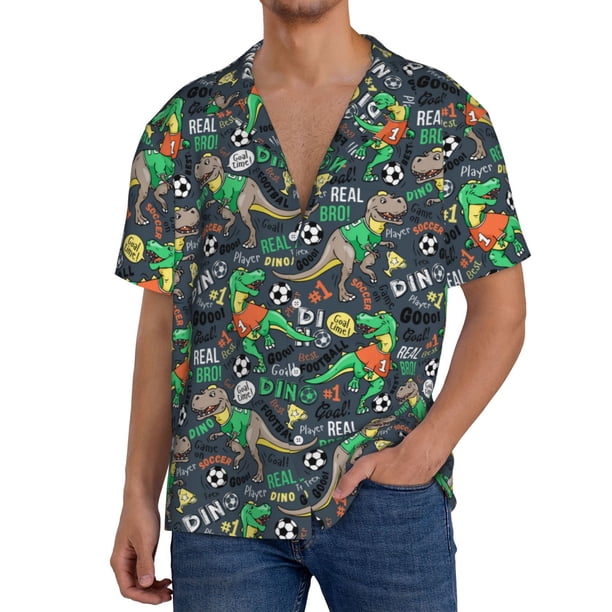 Balery Dinosaur Plays Soccer Camisa Casual de Manga Corta con Botones para Hombre, Texturizada, Estilo Cubano, para Playa, Verano-Small