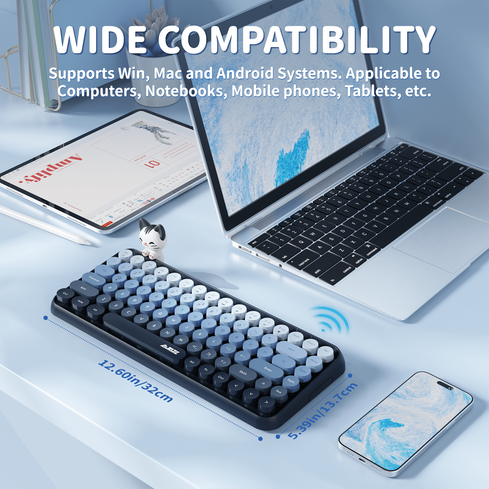 Ajazz 308i Retro Wireless Bluetooth Silent Computer Keyboard with Round Punk Compact 84 Keys, Lightweight, Matte Texture for PC, Laptop - Blue
