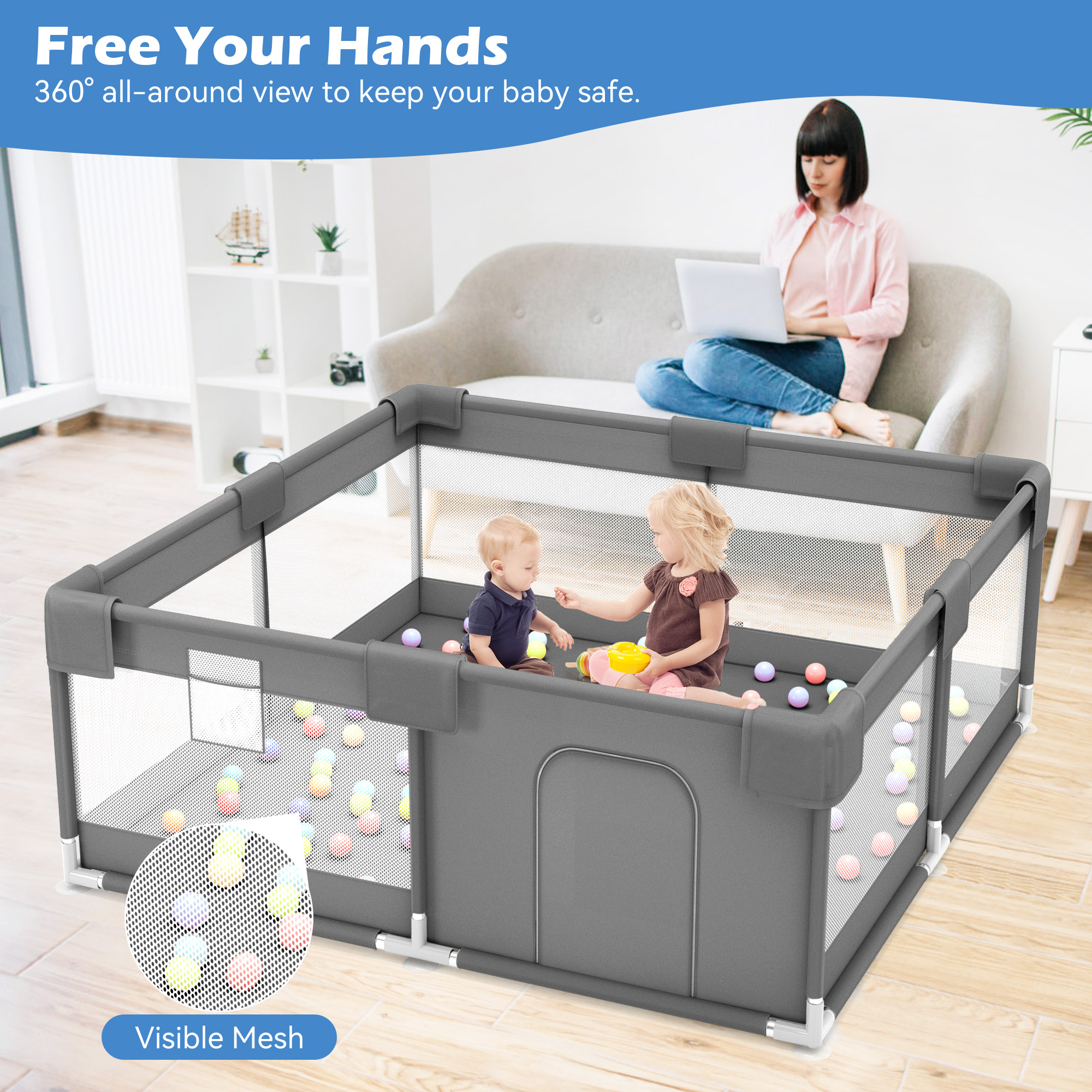 Babyeap Baby Playpen, 50x50 Inch, Dark Gray photo 4