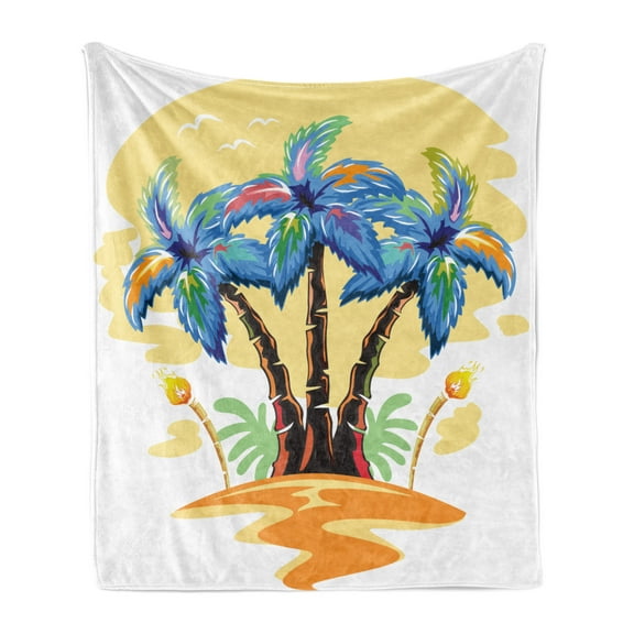 Palm Tree Soft Flannel Fleece Throw Blanket, Colorful Cartoon Tropical Island Hawaiian Torch Seagulls Sunset Summer Theme, Cozy Plush for Indoor and Outdoor Use, 50" x 70", Blue Orange, by Ambesonne