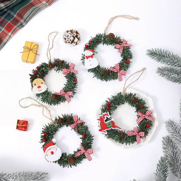 Fwttom Mini Christmas Wreaths, Christmas Decorations Mini Wreaths with Vines Small Bells Pines Cones Bow, Small Wreaths for Kitchen Cabinets, Windows, Xmas Tree