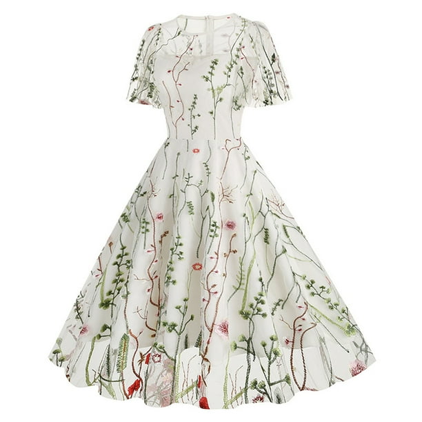 Puntoco Vestido Bordado De Moda De Verano Para Mujer, Vestido De Manga Corta Con Cuello Redondo, Blanco Xxl,Regalos Para Mujer Joven