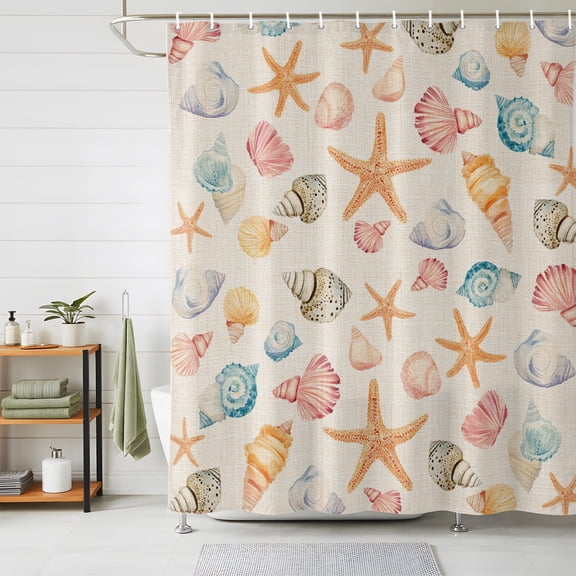 Shower Curtains for Bathroom, Shell Starfish Coastal Waterproof Fabric Shower Curtain, Summer Beach Ocean Burlap Decorative Bathroom Curtain for Bathtub, 72"x72", No Hooks Included