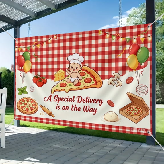 Special Delivery Pizza Baby Shower Backdrop, Talian Pizza Baby Shower Decor, Slice Slice Baby Decorations, Red and White Background Banner Photo Props 51*59IN