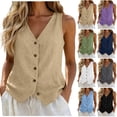 thumbnail image 2 of HongQid Ladies Button Front Vest Top V Neck Sleeveless Casual Linen Summer Fashion Outerwear for Women Textured Woven Tailored Spring Clothes Ladies Trendy Casual Layering Camisole Waistcoat, 2 of 8