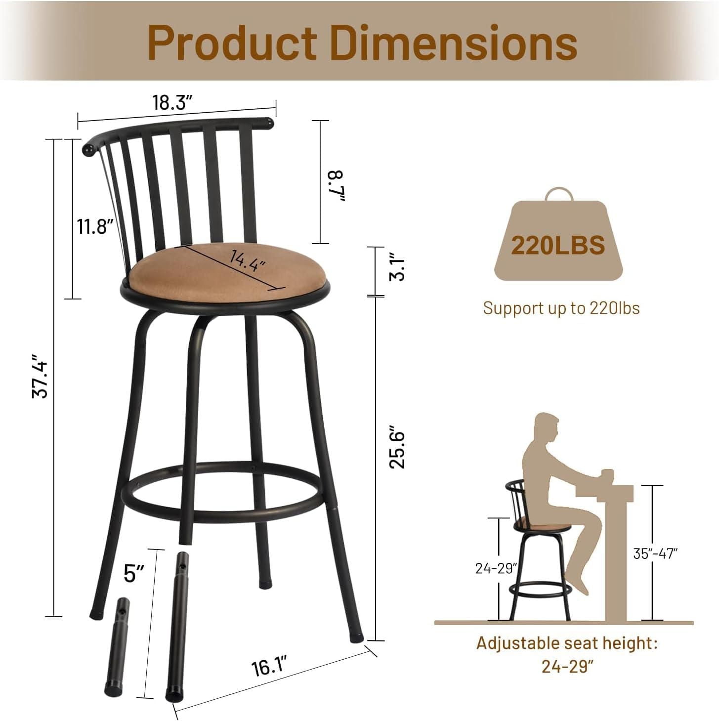 Homylin Barstool Set of 3, Industrial Style, Height Adjustable Swivel Counter Chairs Set with Upholstered Backrests.