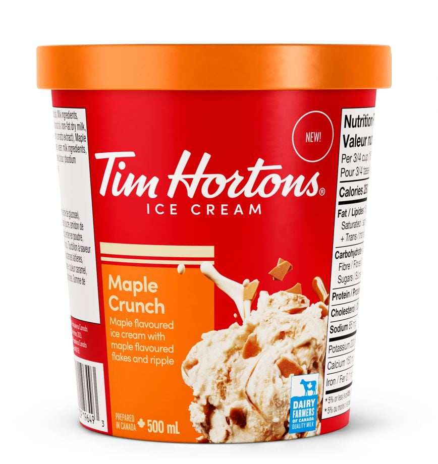 TIM HORTONS CROQUANT À L'ÉRABLE CRÈME GLACÉE 500NL Laissez-vous tenter par la fusion parfaite d'une crème glacée crémeuse et lisse, méticuleusement élaborée pour capturer l'essence de vos délices de boulangerie préférés. Guimauve grillée, Flocons et tourbillons aromatisés à l'érable, Lait 100% Canadien, Fabriqué à Tillsonburg, ON.