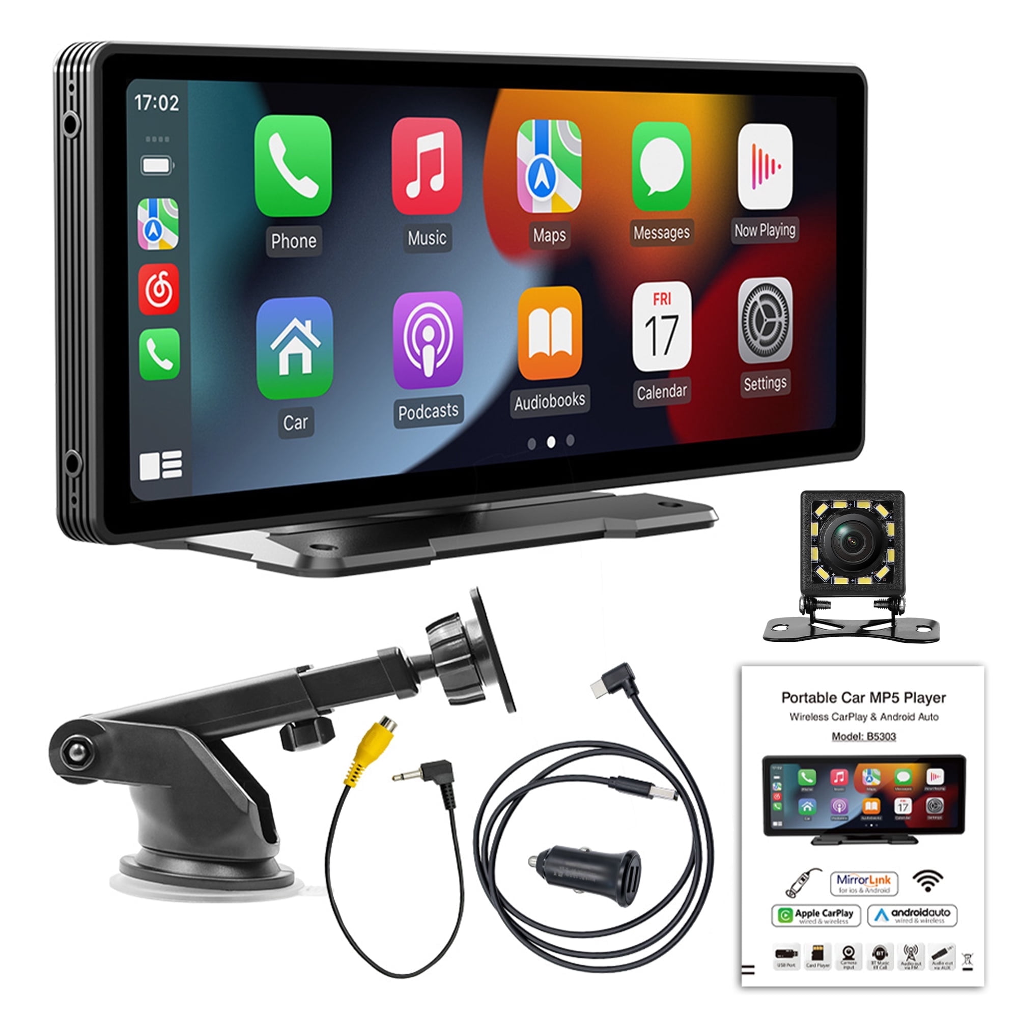 NURATIT Wireless Apple Carplay Screen for Car, 10.26" HD Touchscreen Portable Android Auto Car Stereo with Bluetooth Car Radio Receiver Support GPS Navigation, Voice Control, Mirror Link, FM/AUX
