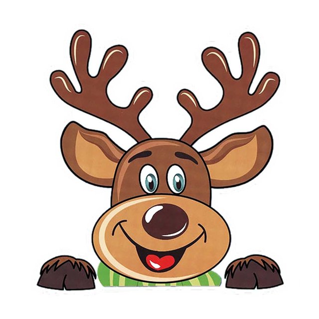 adornos navideños para ventanas: copos de nieve estáticos, papá noel y renos. adhesivo estático de reno colorido en vista frontal con cuernos grandes, orejas salientes, ojos verdes caricaturescos y hocico beige con reflejo blanco; recorte sobre fondo blanco, diseño doble con color en ambos lados, fácil de aplicar sobre vidrio liso y reutilizable; suele usarse también para decorar espejos y puertas durante la temporada navideña.
