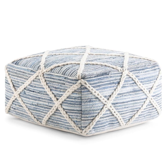 Simpli Home Cowan 20 inch Wide Contemporary Square Pouf in Blue and Natural Handloom Wool and Cotton