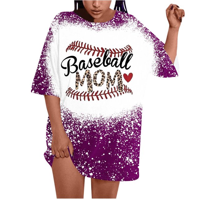 Fiudx Camisas de Mujer Camiseta Larga de Manga Corta con Cuello Redondo y Estampado Informal de Béisbol para Mujer