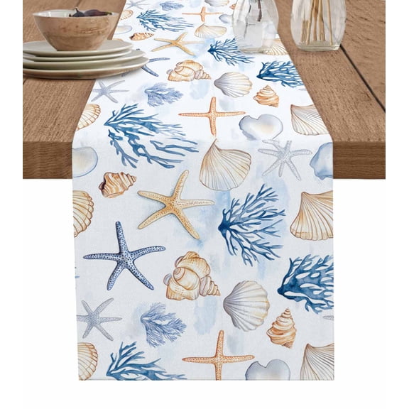 Coastal Coral Table Runner 60 Inches, Ocean Starfish Shell Beach Blue Watercolor Bed Runner Dresser Scarves Tabletop for Indoor Outdoor Parties/Ceremony/Banquet, 13" x 60"