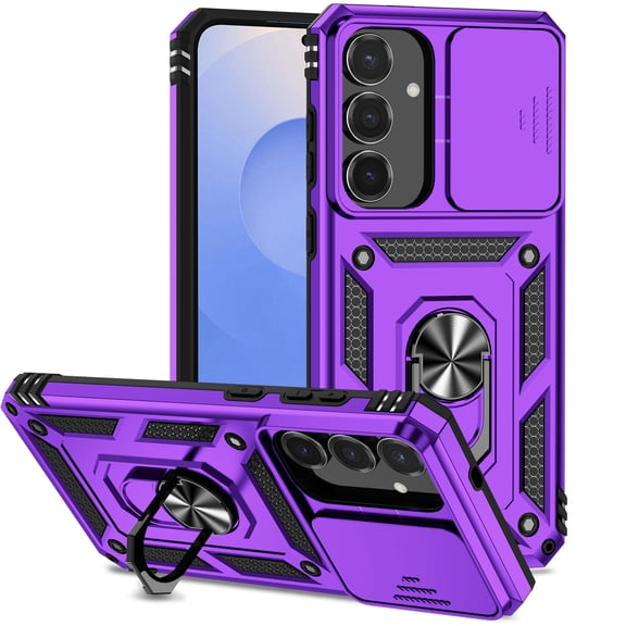 TECH CIRCLE Rubber Phone Case for Samsung Galaxy S25 FE Rugged PC TPU Hybrid Case with Ring KickStand Drop Protection Shockproof Sliding Camera Lens Cover Car Mount Compatible,Purple