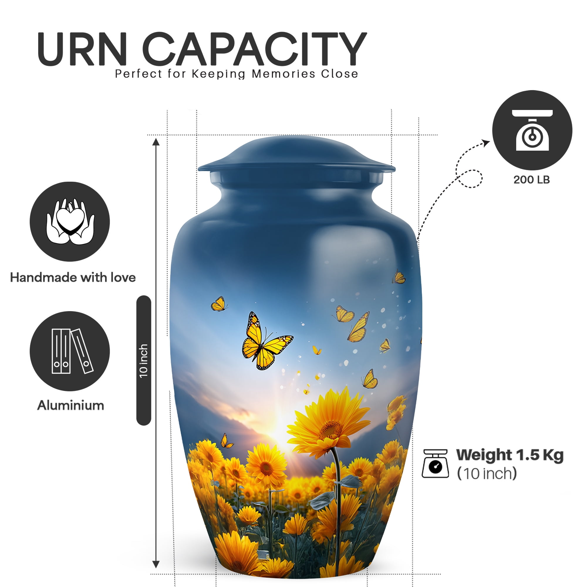 Yatskia Sunflower with Butterflies Cremation Urns for Human Ashes Adult Man, Large Blue Memorial Urn for Ashes for Women, (Classic Large, 10 Inch)