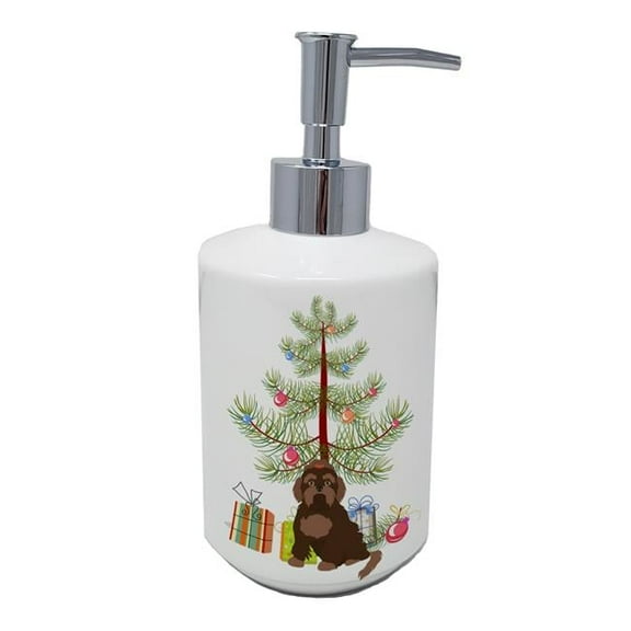 Carolines Treasures CK3509SOAP 7 x 3.5 in. Unisex Brown Russian Tsvetnaya Bolonka Lap Dog Christmas Tree Ceramic Soap Dispenser