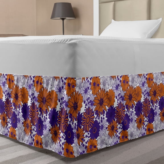 Floral Bed Skirt, Funny Flowers Pointed Petals Print on Plain Backdrop, Elastic Bedskirt Dust Ruffle Wrap Around for Bedding Decor, 4 Sizes, Quartz Marigold, by Ambesonne