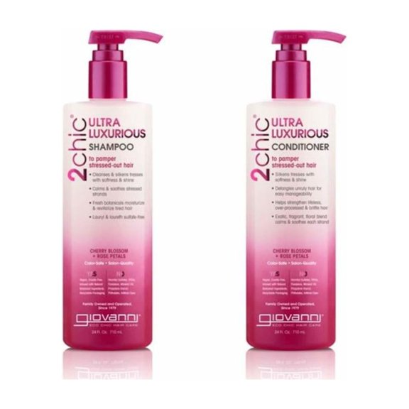 Giovanni 2chic Ultra Luxurious Shampoo & Conditioner Set, 24 oz. Cherry Blossom & Rose Petals, With Aloe Vera, Pro-Vitamin B5, Smooths Curly & Wavy Hair, Sulfate Free, Color Safe, Paraben Free