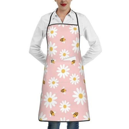 

Qekee Daisy And Bee Print Adjustable Bib Apron Resistant with Pocket Cooking Kitchen Aprons for Women Men Server Chef Apron