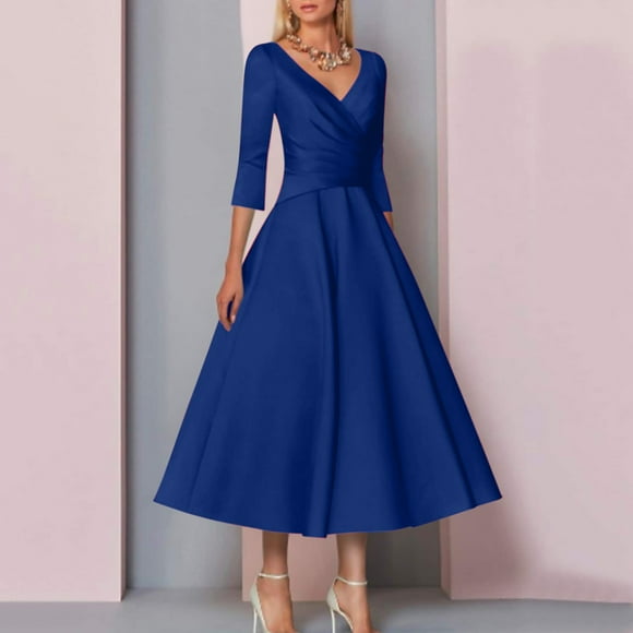 DondPO Midi Dresses for Women,Wedding Guest Dresses Mother Of The Bride Dress Wedding Guest Tea Length Satin 1/2 Length Sleeve With Pleats Summer Dresses,Elegant Dresses Plus Size Dress Blue Dress L