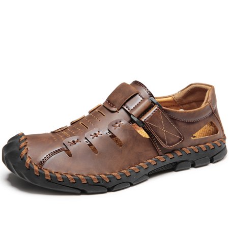 

Lopise men s sandals summer light leather casual beach men s sandals handmade anti-collision toe dark brown sandals US size 6