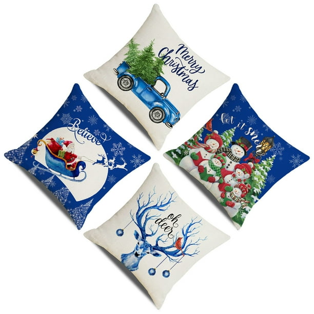 Ounissouiy 4 piezas funda de cojín de Navidad algodón lino lavable reutilizable decorativo Navidad temática hogar Oficina sofá funda de almohada Kits de decoración para fiestas Ounissouiy HA069237-00B
