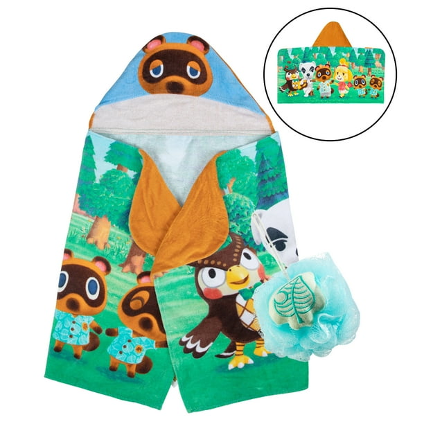 Animal Crossing Kids Hooded Bath Towel and Character Loofah Set, Cotton