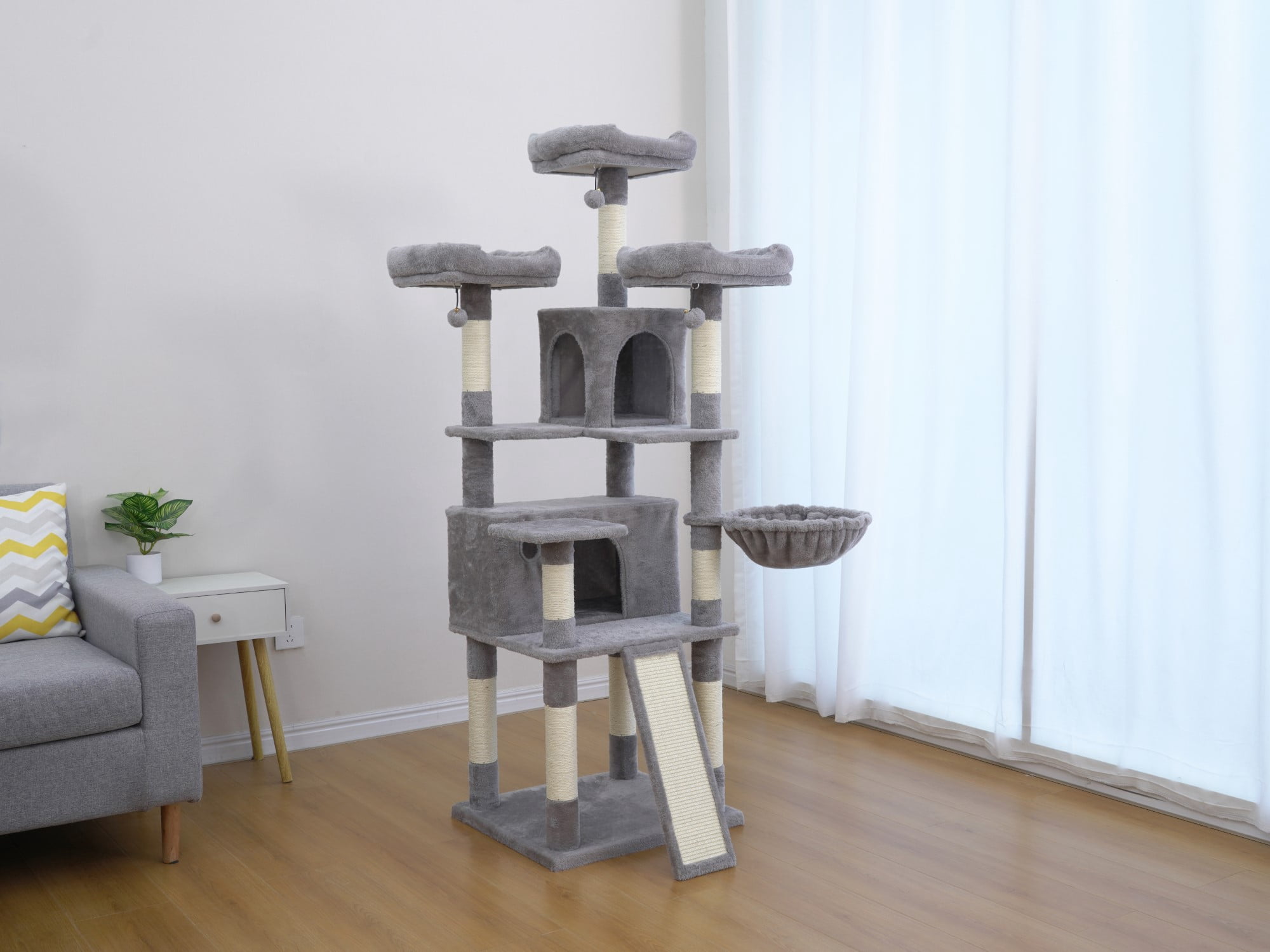 Vibrant Life Heavy Duty 7-Level 67" Cat Tree with Scratch Ramp, Hammock, and Two Condos, Light Gray