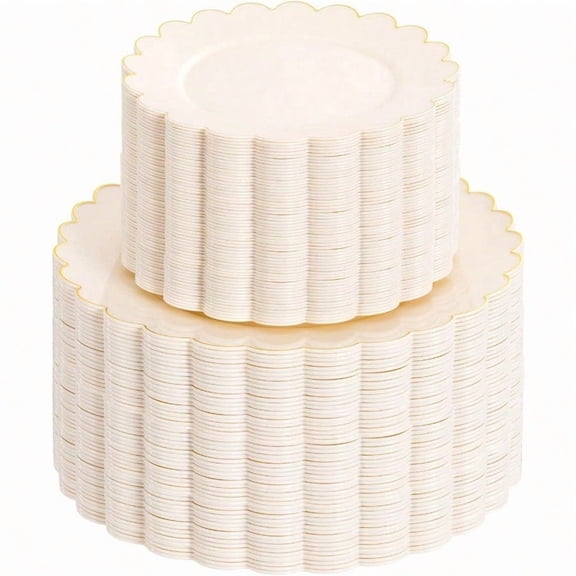 100pcs Ivory Plastic PlatesGold Scalloped Disposable Plates Heavy Duty Plastic Plate Including 50pcs Ivory Dinner Dert Plate Fancy Disposable Platos Perfect for Party Wedding Birthday