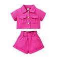 thumbnail image 2 of KYAIGUO Kids Toddler Girls Summer Cotton Shorts Set 2PCS Short Sleeve Tee Shirt Tops Shorts Outfit Baby Button down Shirt Tops Solid Color Shorts Pant Set for 3-7T, 2 of 10