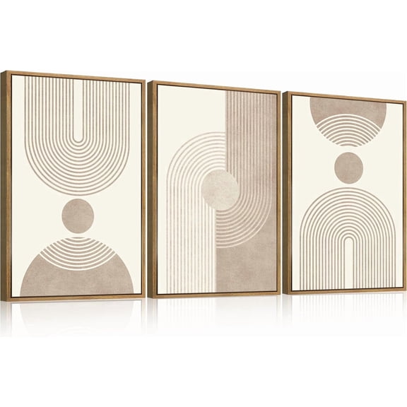 Beige Neutral Canvas Wall Art Framed Geometric Abstract Wall Decor Mid Century Modern Artwork Wall Decor for Living Room Bedroom Office 16"x24" Set 3 Gift