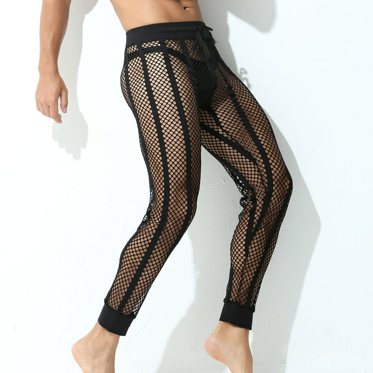 XFLWAM Men's Mesh Fishnet Pants Sexy See Through Leggings Drawstring  Striped Workout Sweatpants Black S