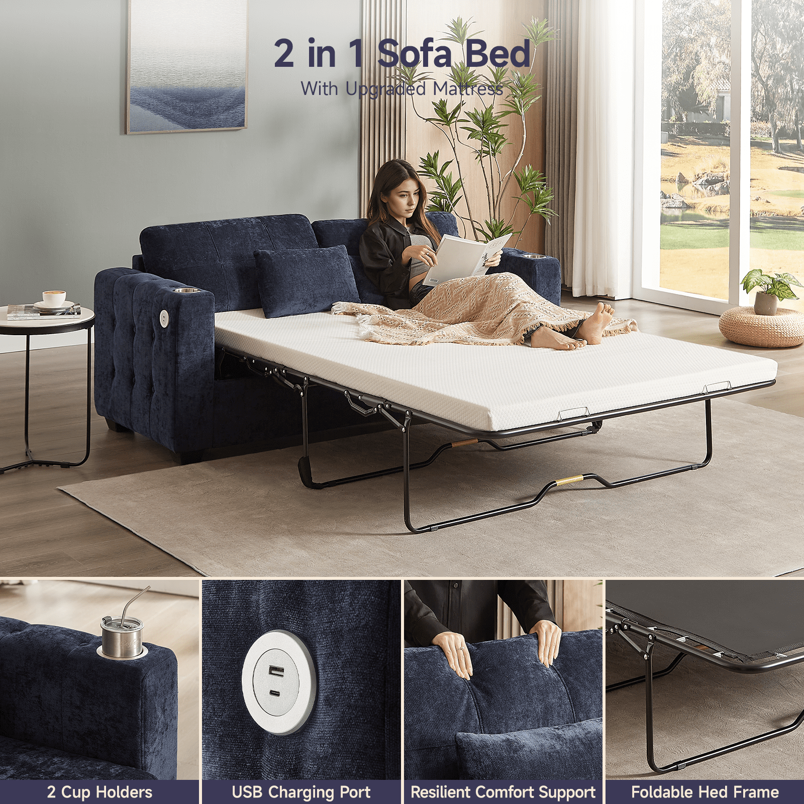 Onbrill Mid-Century Modern Chenille Sofa Bed with Full Size Memory Foam Mattress, USB Charging and Space-Saving Design, Blue