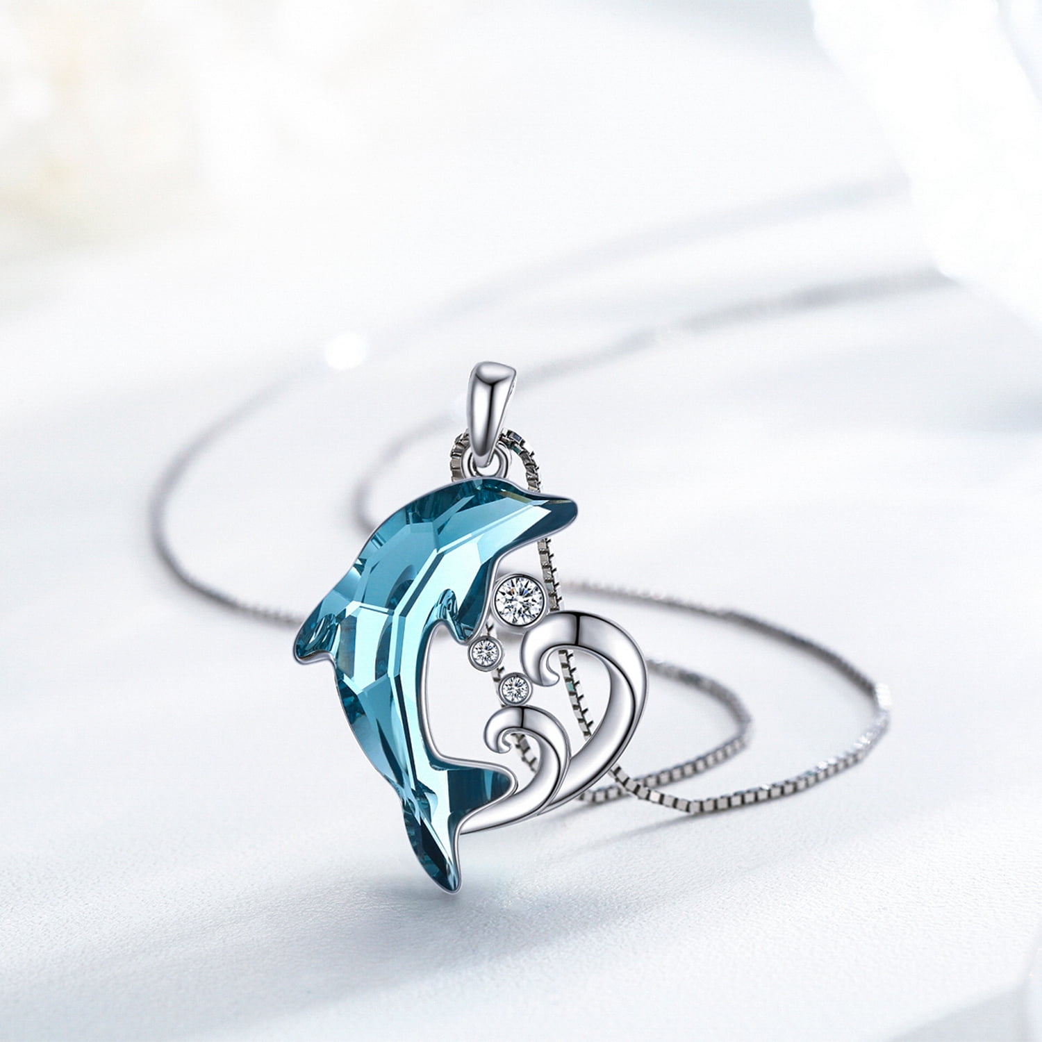Coachuhhar Dolphin Necklace 925 Sterling Silver Blue Crystal Ocean Themes Pendant Necklace Jewelry Gifts for Women Mom Wife Birthday