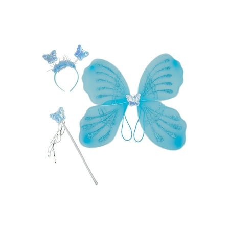Girls Blue Glitter Butterfly Wings Wand Hairband 3 Pc Accessory Set