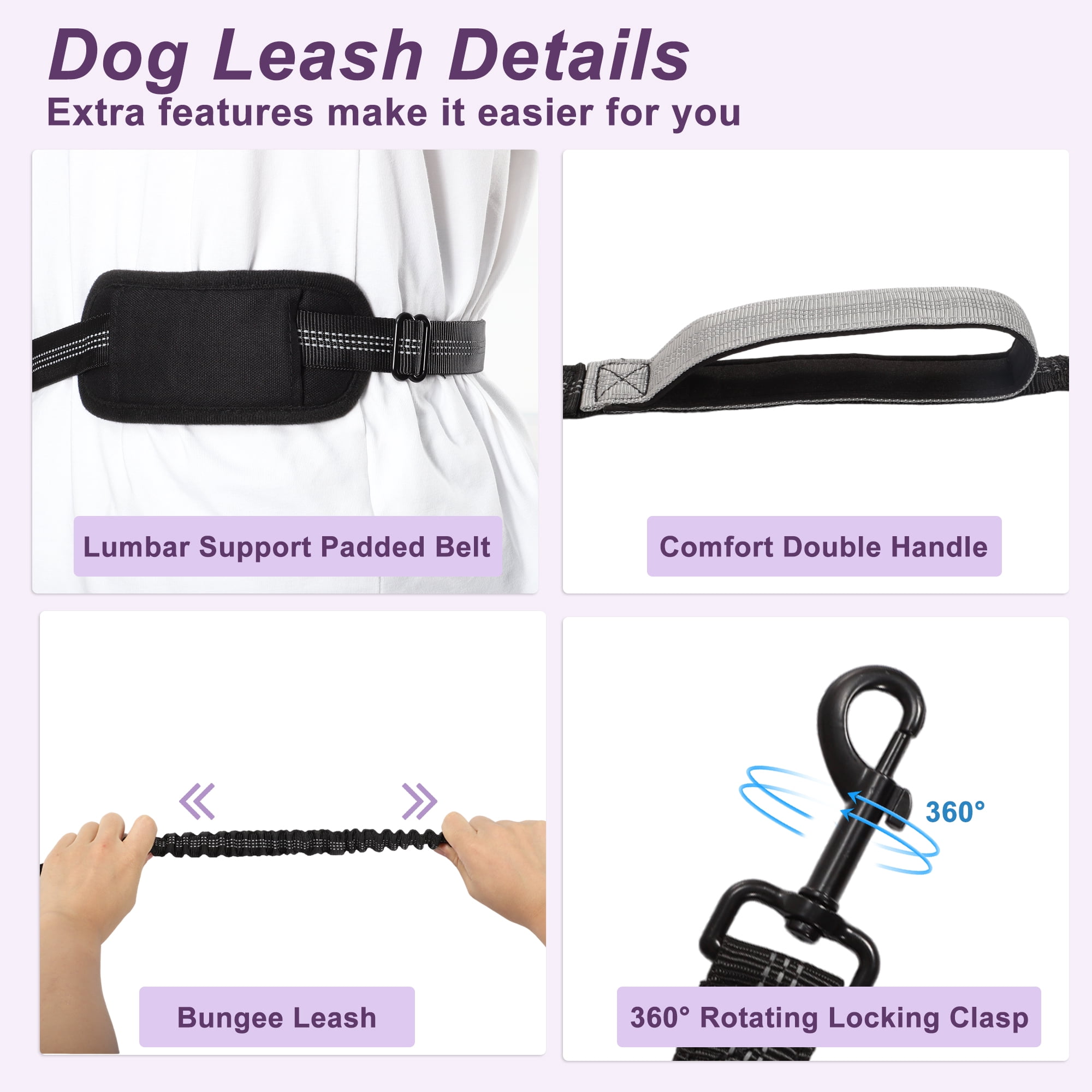 Unique Bargains Hands Free Dog Leash No Pull Bungee for Two Dogs 6.6-7.6FT Long