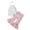 thumbnail image 1 of Pudcoco Infant Baby Summer Clothes Suit, Solid Color Ribbed Halter Neck Romper + Elastic Waist Flower Flare Pants, 1 of 9