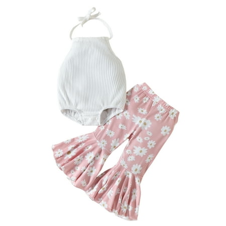 

LWXQWDS Infant Baby Girls Summer Clothes Sleeveless Ribbed Halter Neck Romper + Flowers Print Flared Pants Set White Pink 12-18 Months