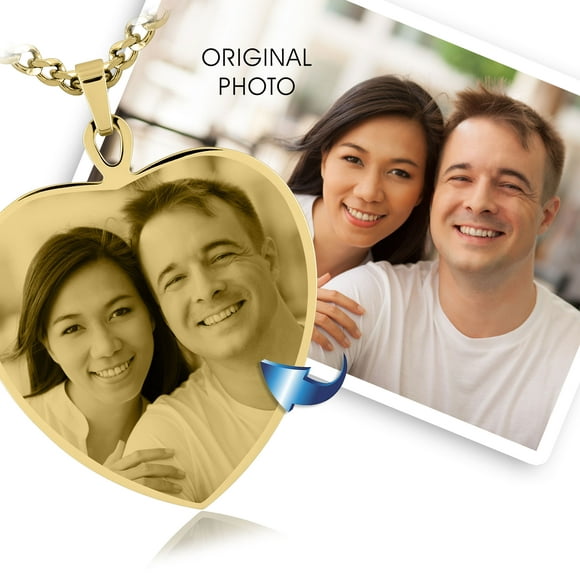Photos Engraved - Custom Photo Engraved Large Heart Pendant in Gold IP Plated Stainless Steel - Free reverse side engraving - 18 in chain included - W-LHST-IP
