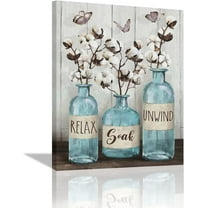 Farmhouse Bathroom Decor Wall Art Rustic Cotton Blue Jar Bathroom Pictures for Wall Country Bathroom Canvas Prints Relax Soak Unwind Signs Painting Modern Artwork Home Decor for Bathroom12"x16"