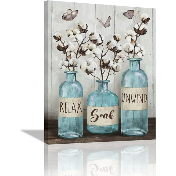 Farmhouse Bathroom Decor Wall Art Rustic Cotton Blue Jar Bathroom Pictures for Wall Country Bathroom Canvas Prints Relax Soak Unwind Signs Painting Modern Artwork Home Decor for Bathroom12"x16"