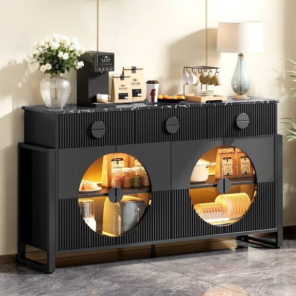 Holliwill Modern Buffet Cabinet with LED Lights & Faux Marble Tabletop, 62"W Sideboard with 3 Drawers, Accent Cabinets TV Stand for Living Room Kitchen Dining Room, Black