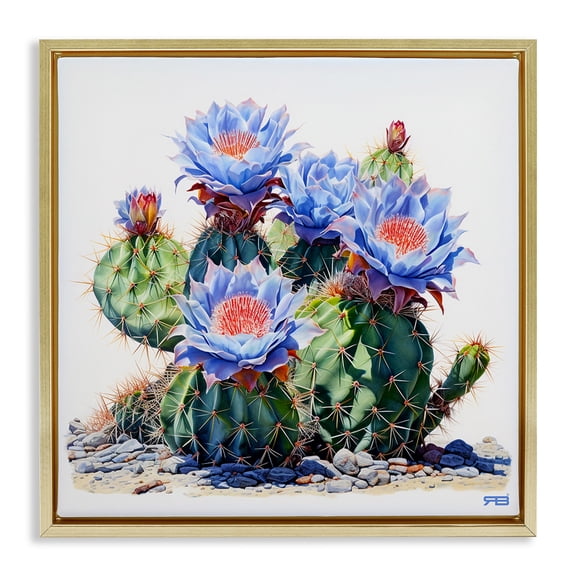 Stupell Industries Modern Blue Cactus Blossoms Gold Floating Frame Canvas Art, 25 x 25, by RB