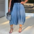 thumbnail image 7 of Karymi Womens Shorts Elastic Smocked High Waist Capri Jeans, Baggy Balloon 7/8 Length Cropped Pants, Elastic Cuffed Hem Denim Culottes With Side Pockets Linen&nbsp;Pants&nbsp;Women, 7 of 7