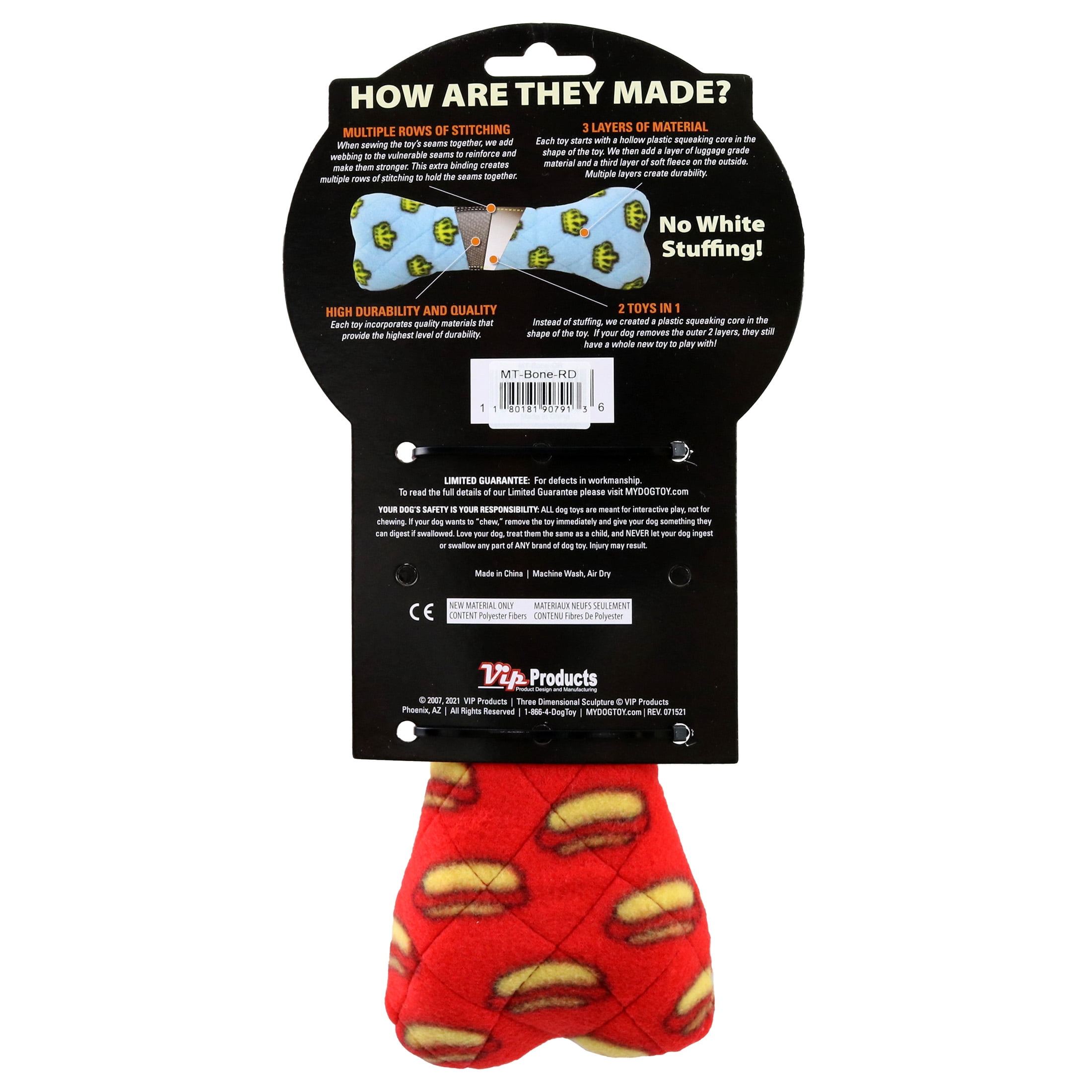 Mighty Bone Red Durable Squeaky Plush No Stuff Dog Toy