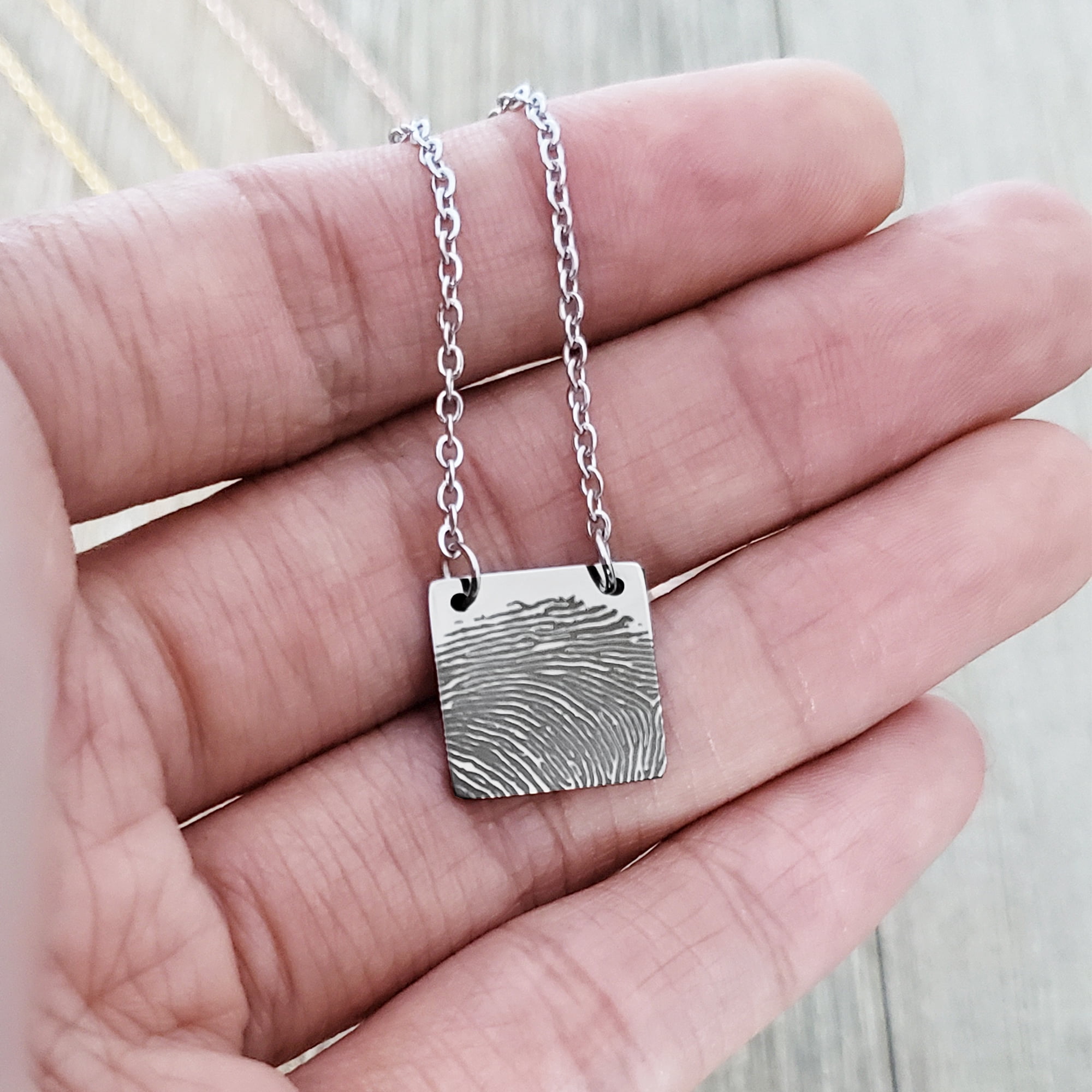 Personalized Custom Fingerprint Square Keepsake Necklace Stainless Steel Engraved Actual Fingerprint Thumb Print Pendant Jewelry with Gift Box [Rose Gold]